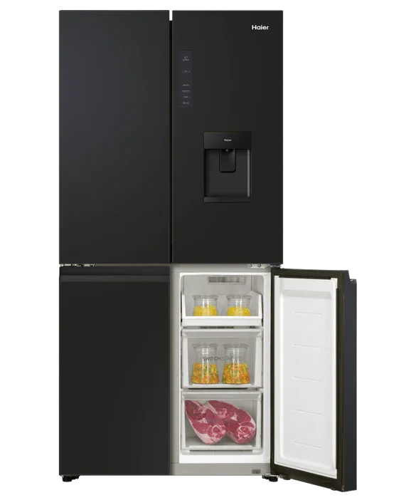 Haier black French door refrigerator with water dispenser and open freezer compartment showing food storage