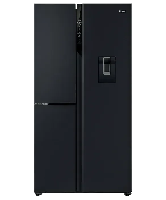 Sleek black Haier side-by-side refrigerator with water dispenser, perfect for modern kitchens