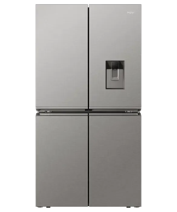 Stainless steel Haier French door refrigerator with water dispenser, modern kitchen appliance