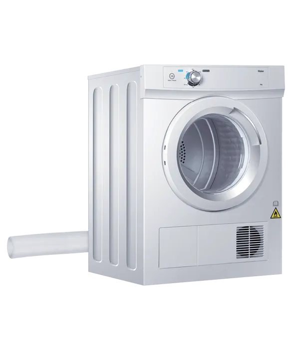 White Haier vented tumble dryer with front-loading door and control panel