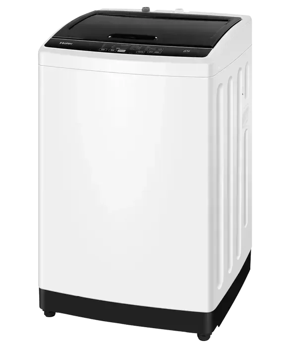 White Haier top load washing machine with black control panel and base, modern home appliance