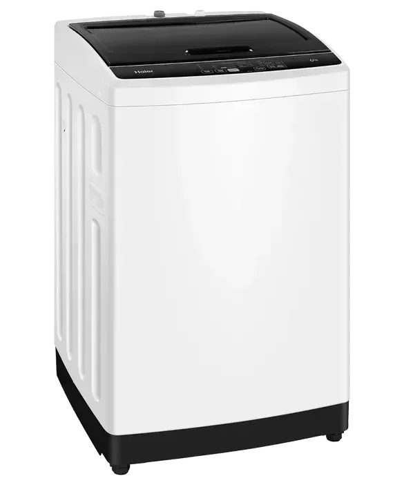 White Haier top load washing machine with black control panel and base