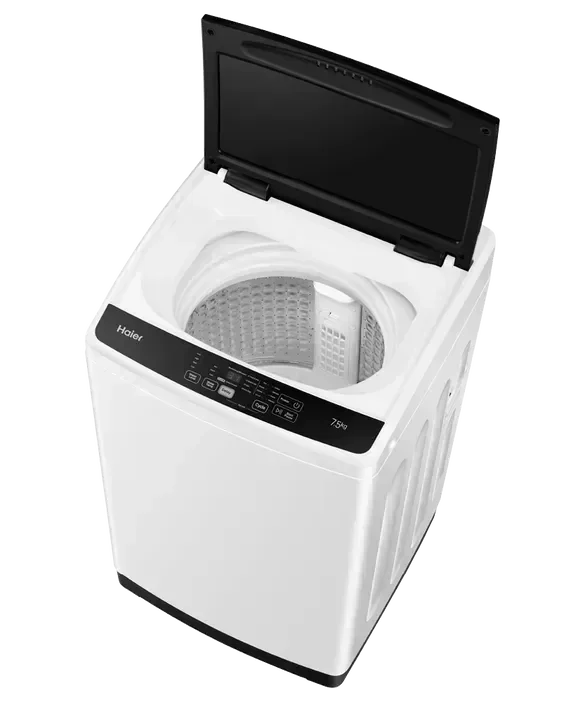 White Haier top load washing machine with open lid, 7.5kg capacity, modern control panel