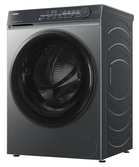 Haier front load washing machine with digital display and sleek black finish