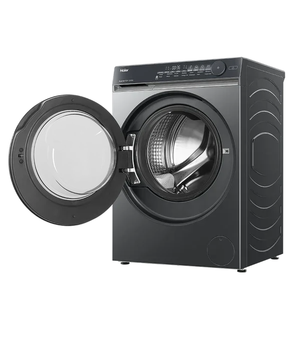 Haier front load washing machine with open door, sleek black design for modern laundry rooms
