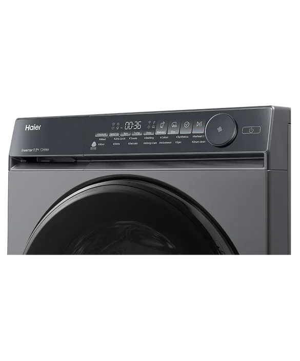 Haier front load washing machine with digital control panel and inverter motor