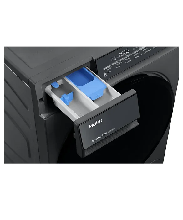 Haier front load washer with open detergent drawer, featuring Inverter 9.5kg capacity and digital control panel