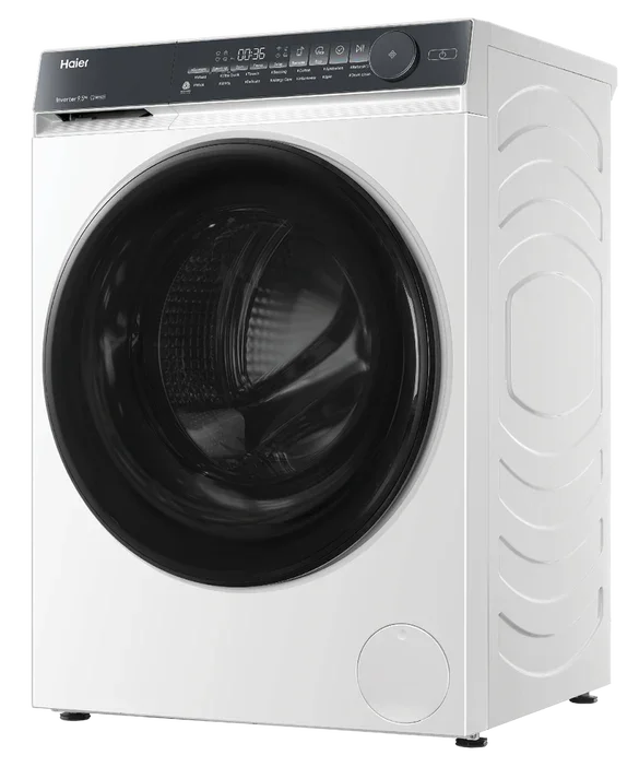 Haier front load washing machine with digital control panel and large glass door