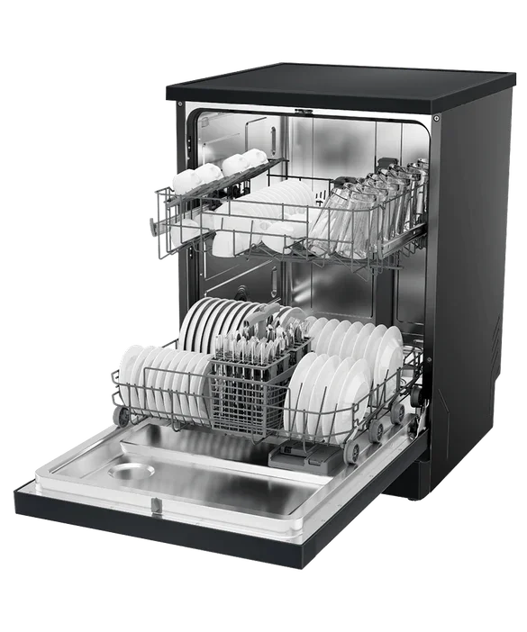 Black upright dishwasher with open door, showing loaded racks of clean dishes and glassware