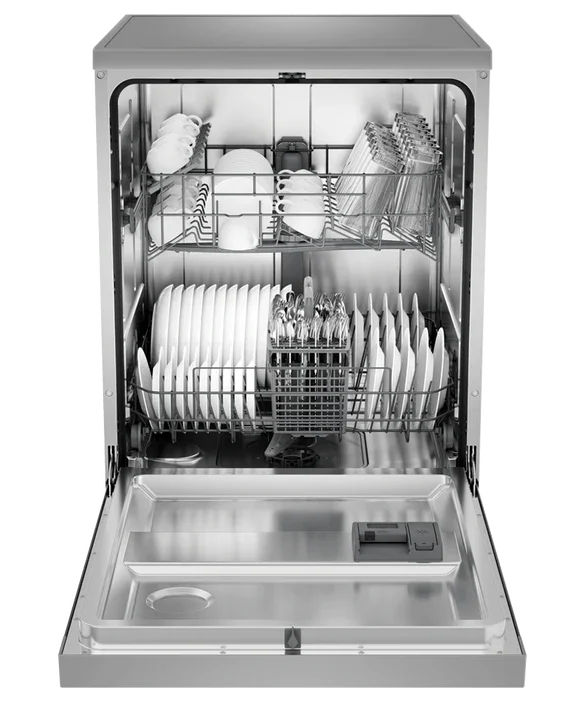 Stainless steel dishwasher with open door, showing clean dishes and utensils inside