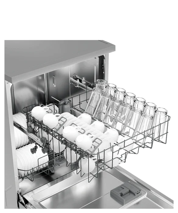 Stainless steel dishwasher with clean dishes and glassware inside