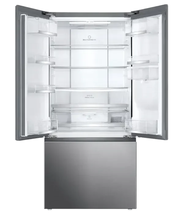 Stainless steel French door refrigerator with open doors, showcasing spacious interior and multi-zone cooling features.