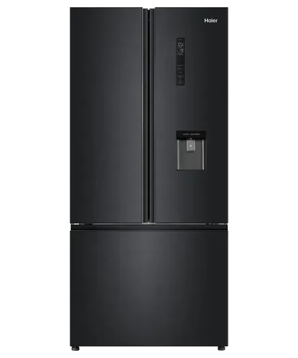Sleek black Haier French door refrigerator with water dispenser, perfect for modern kitchens