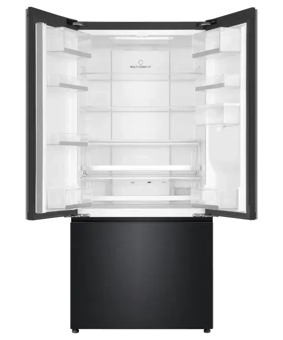 Black French door refrigerator with open doors showing multi-zone storage and clear shelves
