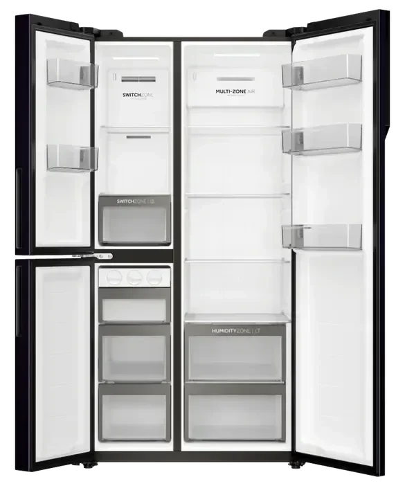 Black French door refrigerator with open doors showing SwitchZone, Multi-Zone Air, and HumidityZone compartments