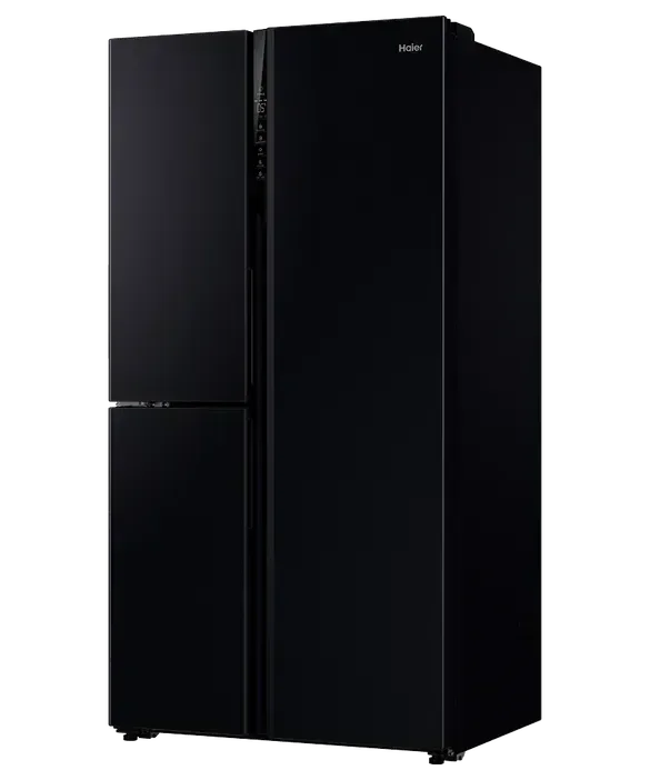 Sleek black side-by-side refrigerator with digital controls for modern kitchen design