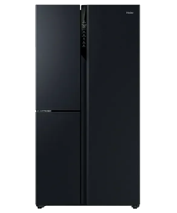 Sleek black Haier side-by-side refrigerator with digital controls, modern kitchen appliance