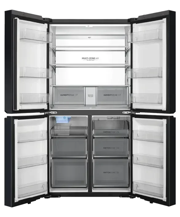 Black French door refrigerator with Multi-Zone Air, HumidityZone, and SwitchZone drawers, showcasing spacious interior organization.