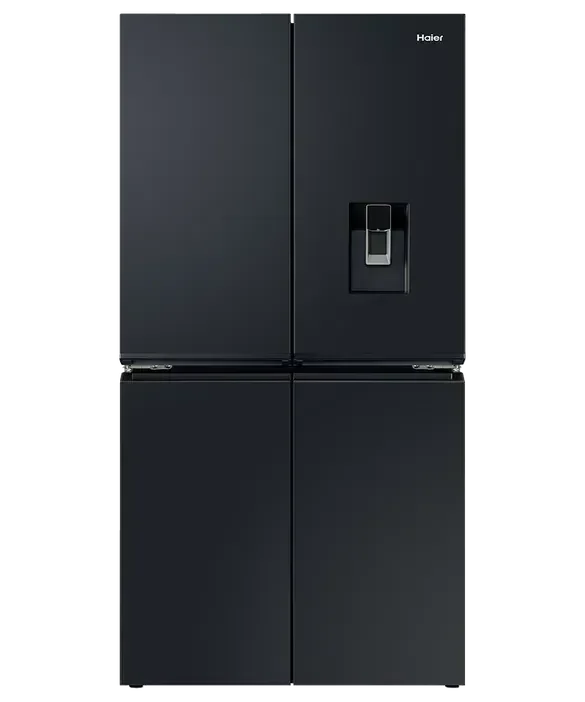 Sleek black Haier French door refrigerator with water dispenser, perfect for modern kitchens