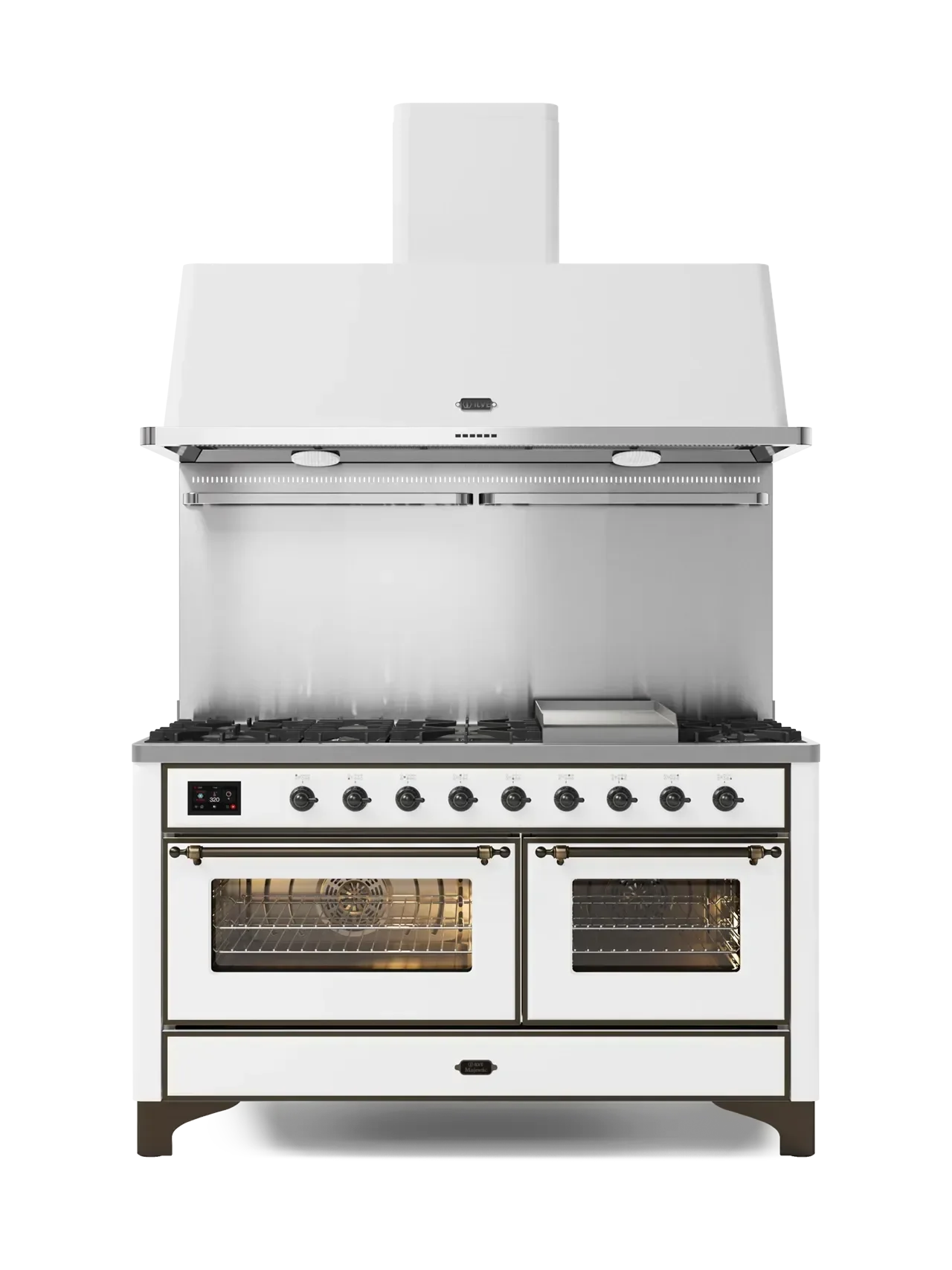 White dual-fuel range with gas cooktop, double ovens, and matching range hood for luxury kitchens