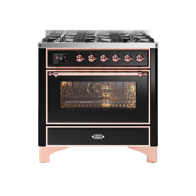 Black and rose gold designer gas range with oven and stovetop for modern kitchens