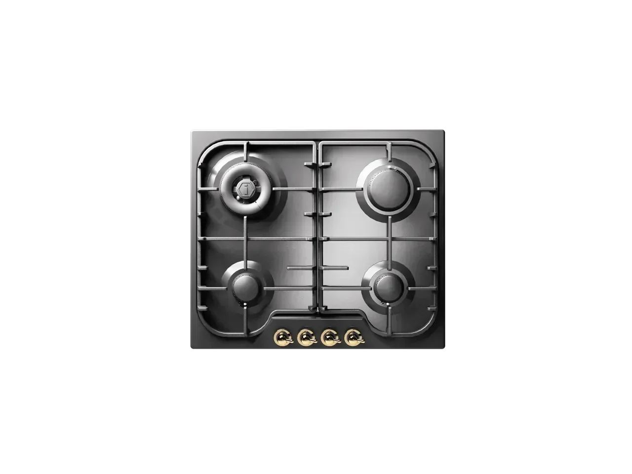 Stainless steel 4-burner gas cooktop with brass knobs for modern kitchen appliances
