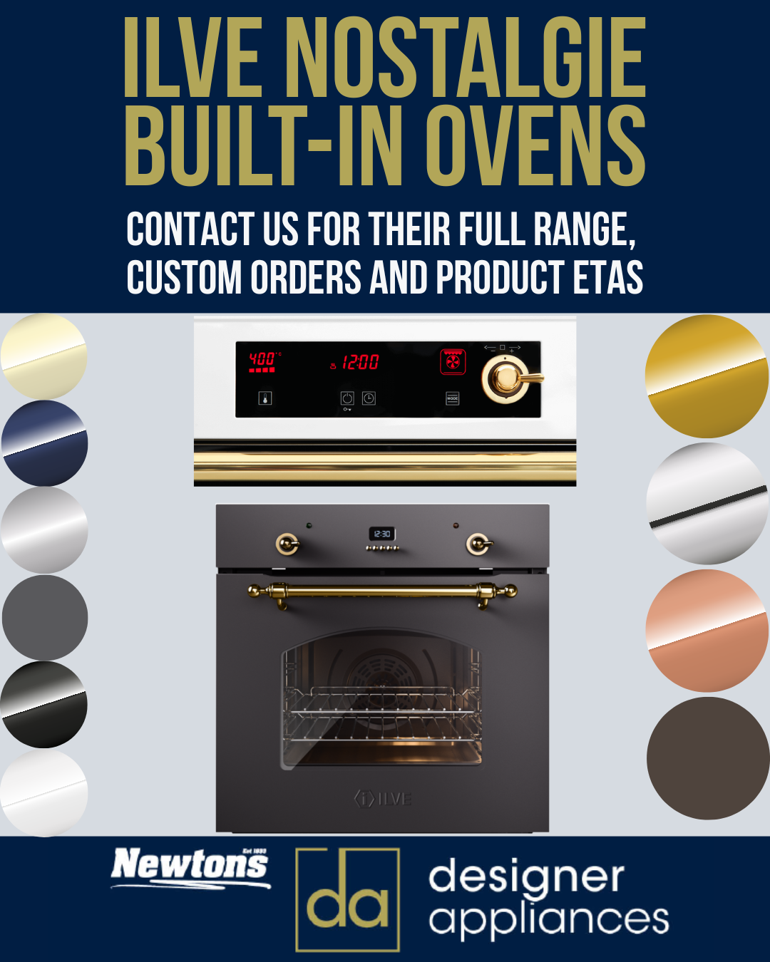 ILVE Nostalgie built-in ovens with gold handles, digital display, and color options for designer kitchen appliances