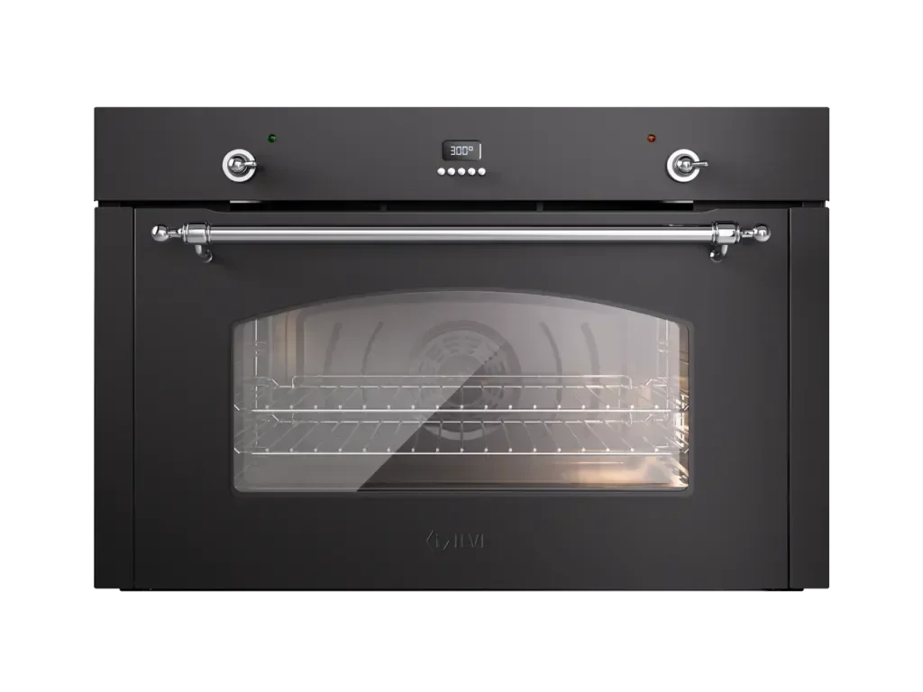 Sleek black built-in oven with digital display and chrome handle, perfect for modern kitchen design