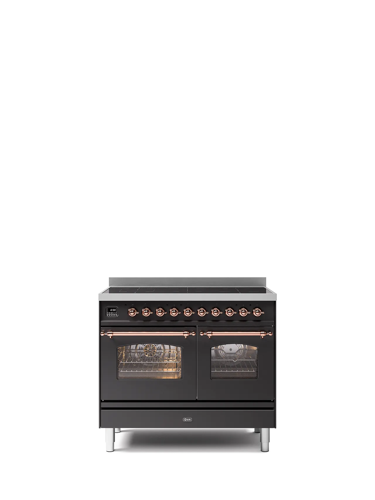 Black dual-fuel range cooker with copper knobs and double ovens, modern kitchen appliance