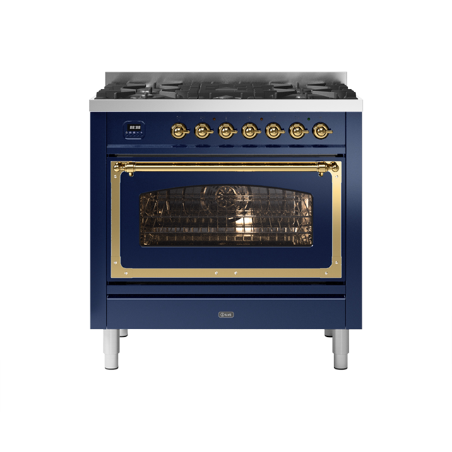 Navy blue designer gas range with gold trim and stainless steel legs for luxury kitchen appliances
