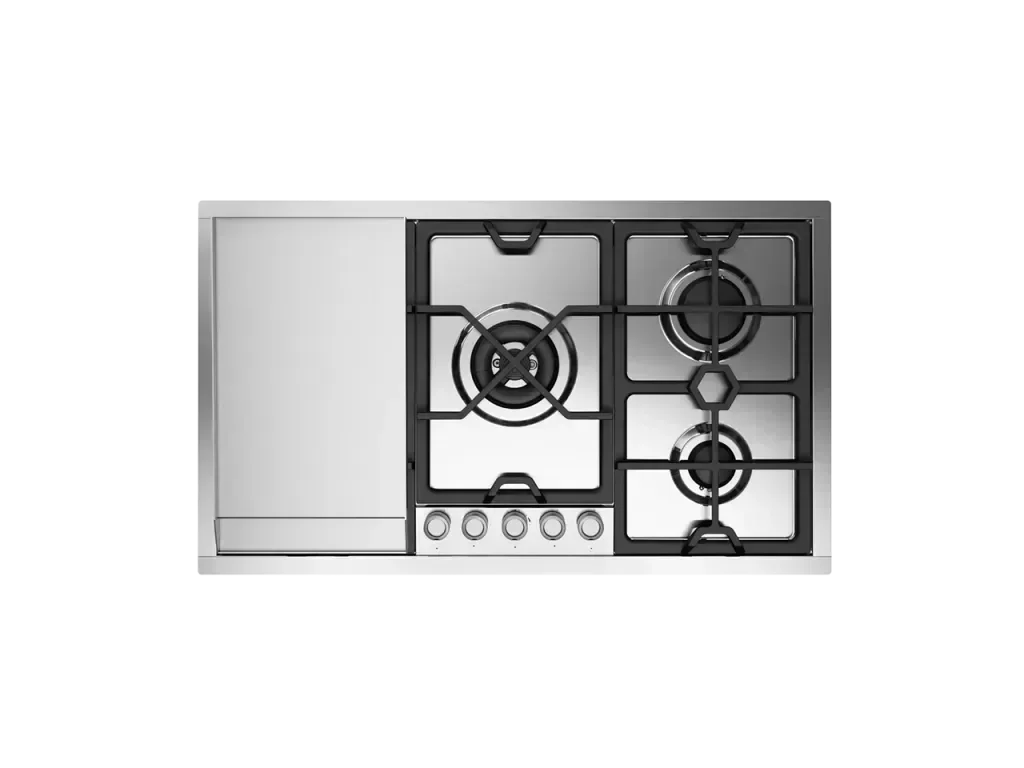 Stainless steel gas cooktop with 4 burners and griddle, modern kitchen appliance