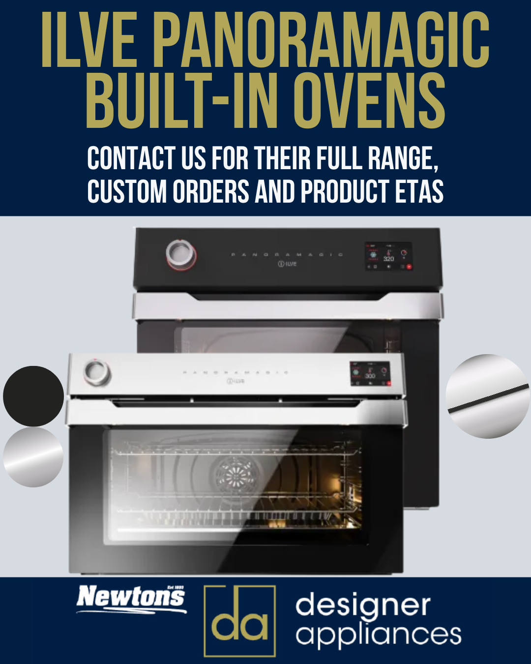 ILVE Panoramagic built-in ovens in black and stainless steel, designer kitchen appliances with digital controls