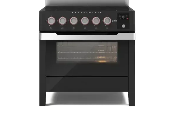 Black freestanding electric range with glass oven door and control knobs for modern kitchen appliances