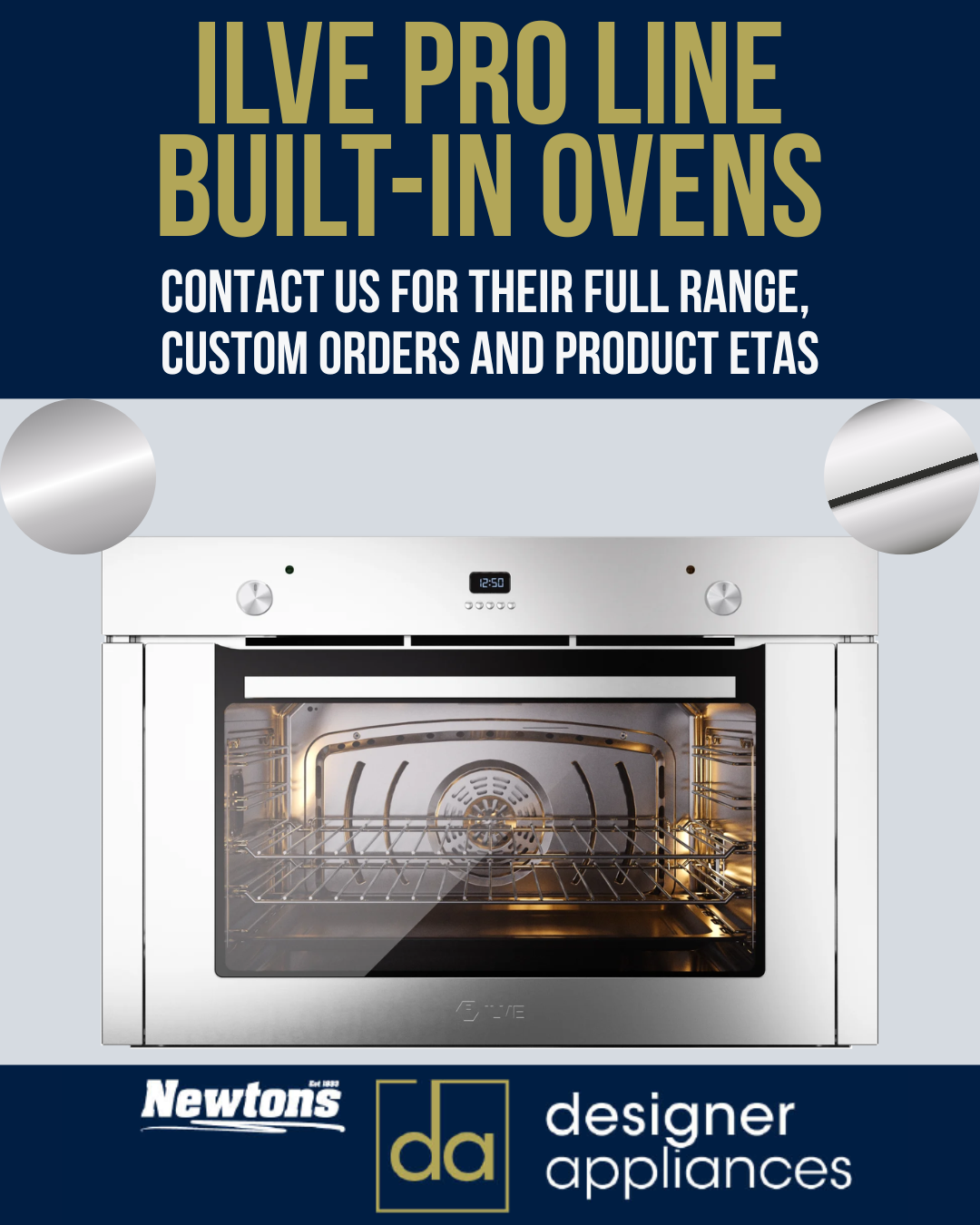 ILVE Pro Line built-in oven with stainless steel finish and digital display, ideal for modern designer kitchens.
