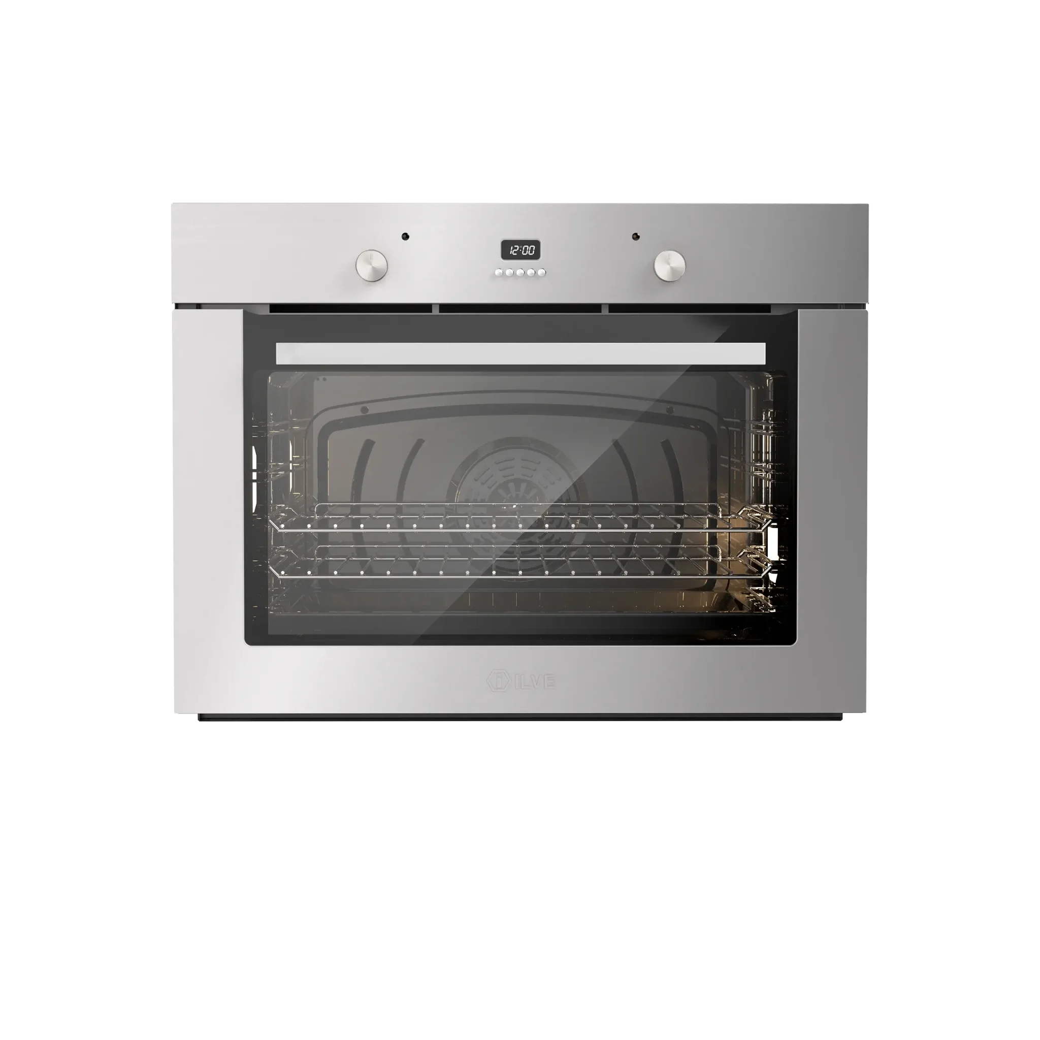 Stainless steel built-in oven with digital display and interior racks, ideal for modern kitchen appliance design