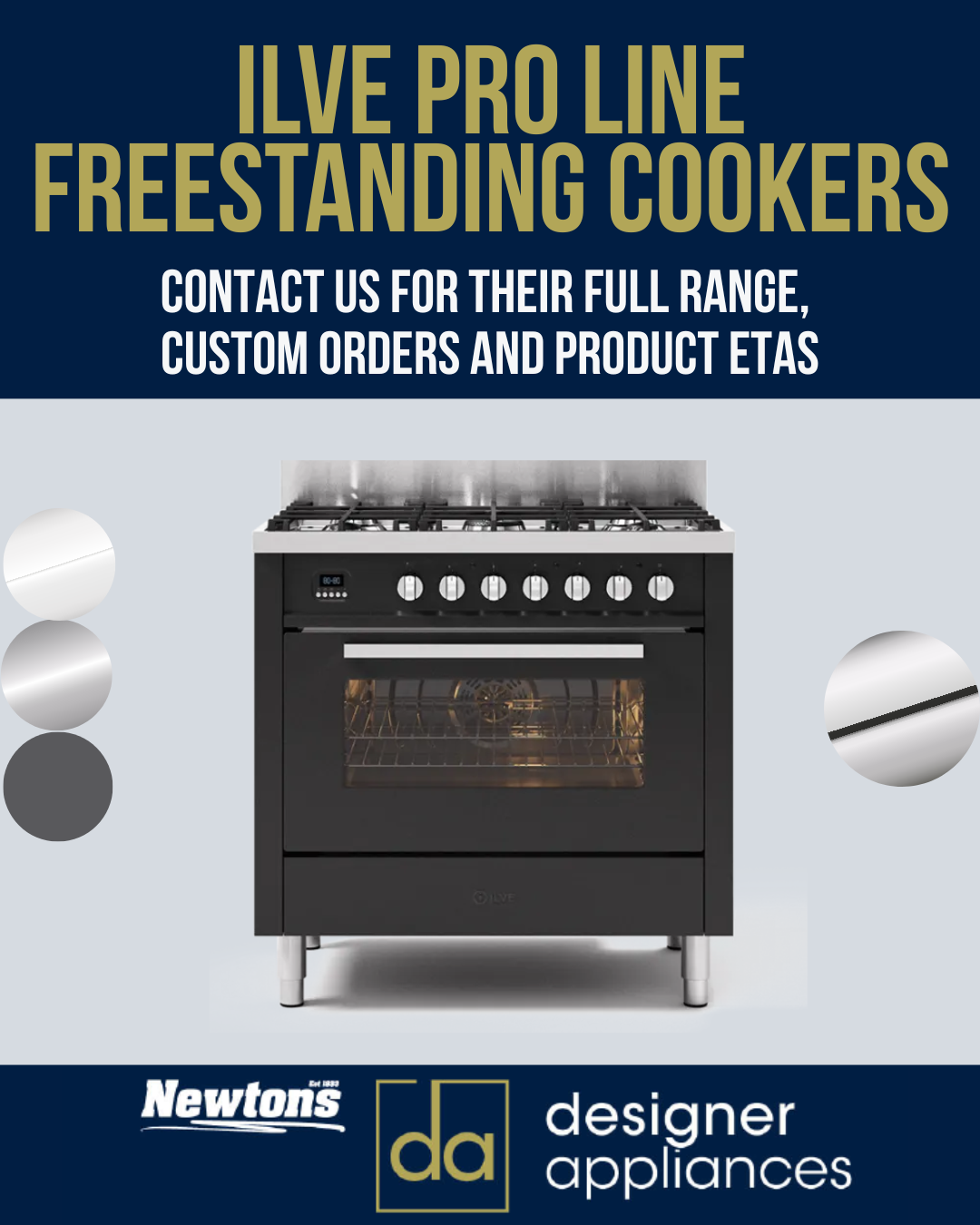 ILVE Pro Line freestanding cooker with gas hob, oven, and color options for designer kitchens