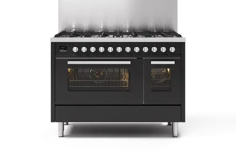 Black dual oven range with gas cooktop and stainless steel knobs for modern kitchen design