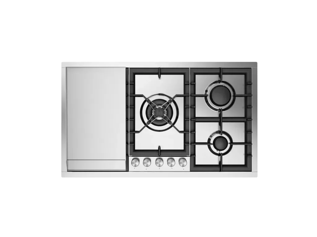 Stainless steel gas cooktop with 3 burners and griddle, modern kitchen appliance for designer kitchens