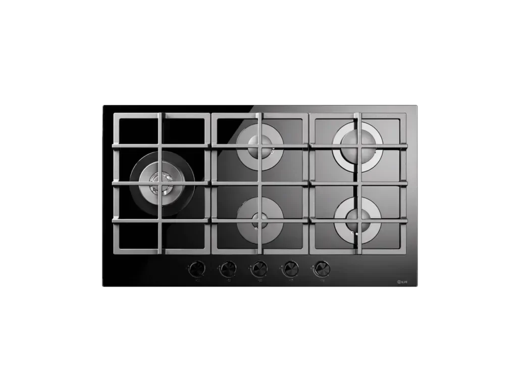 Black glass gas cooktop with five burners and stainless steel grates for modern kitchen appliances