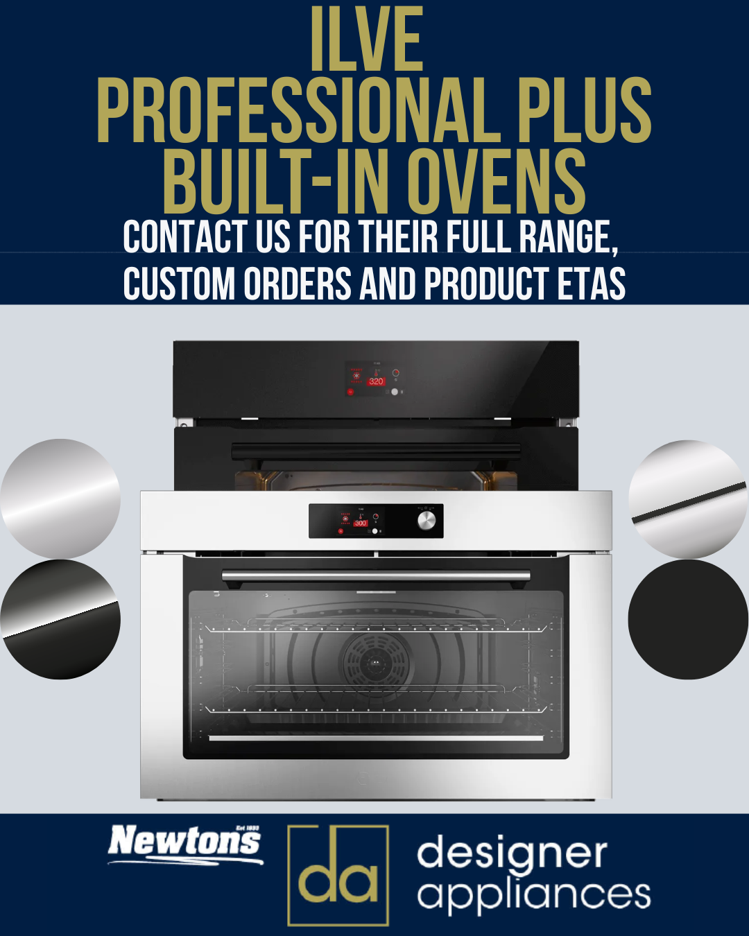 ILVE Professional Plus built-in oven with stainless steel finish, digital display, and interior racks for designer kitchens