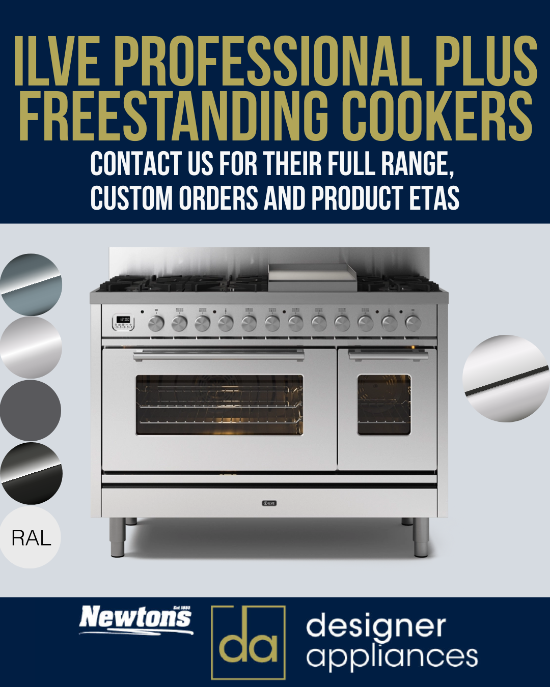 ILVE Professional Plus freestanding dual oven cooker with gas burners and stainless steel finish