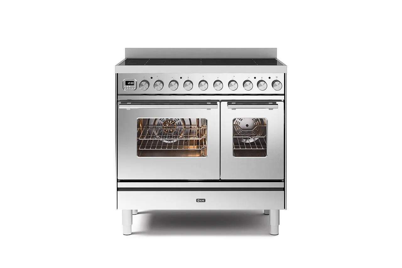 Stainless steel double oven range with induction cooktop and digital display