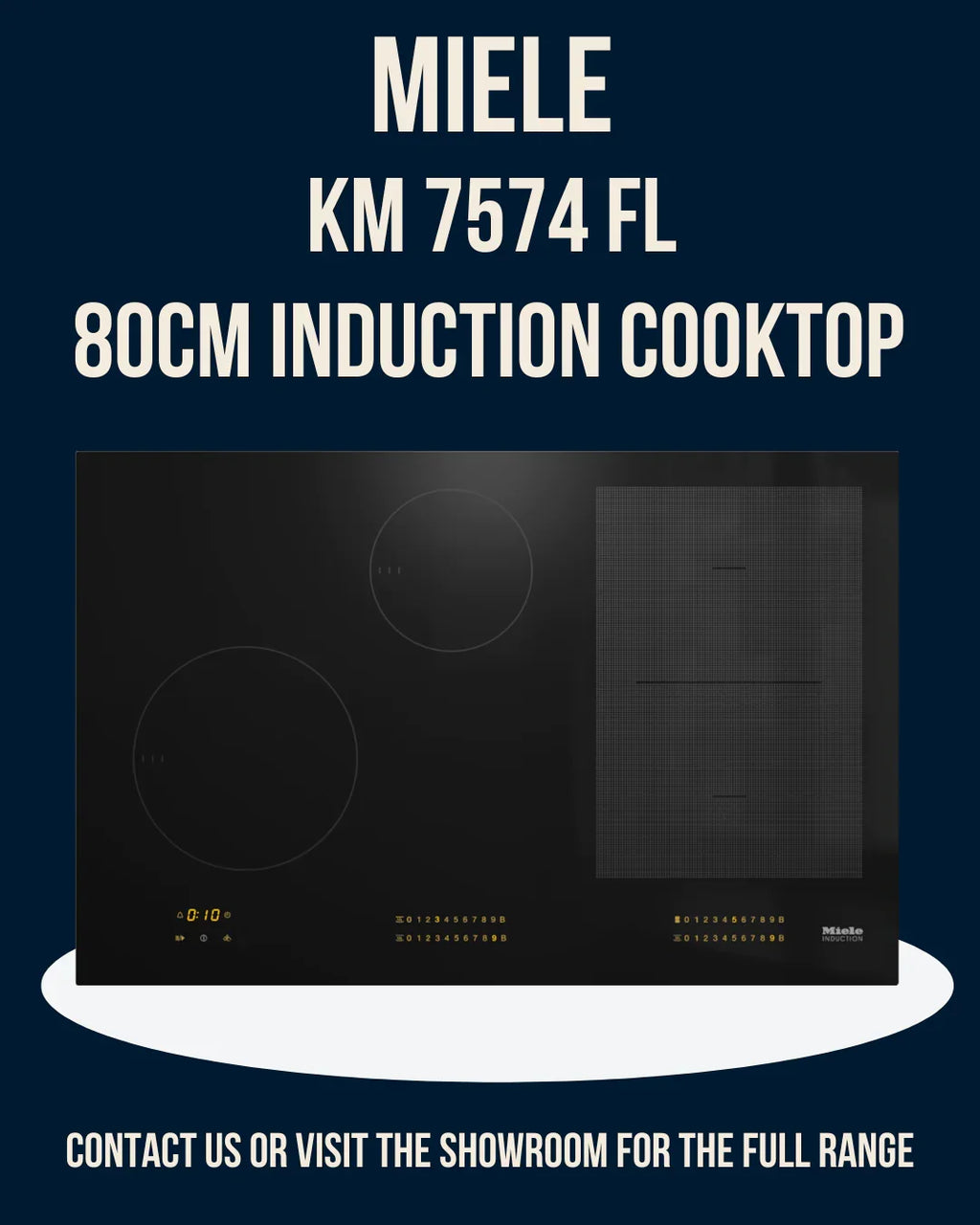 Miele KM 7574 FL 80cm induction cooktop with sleek black glass design and digital controls