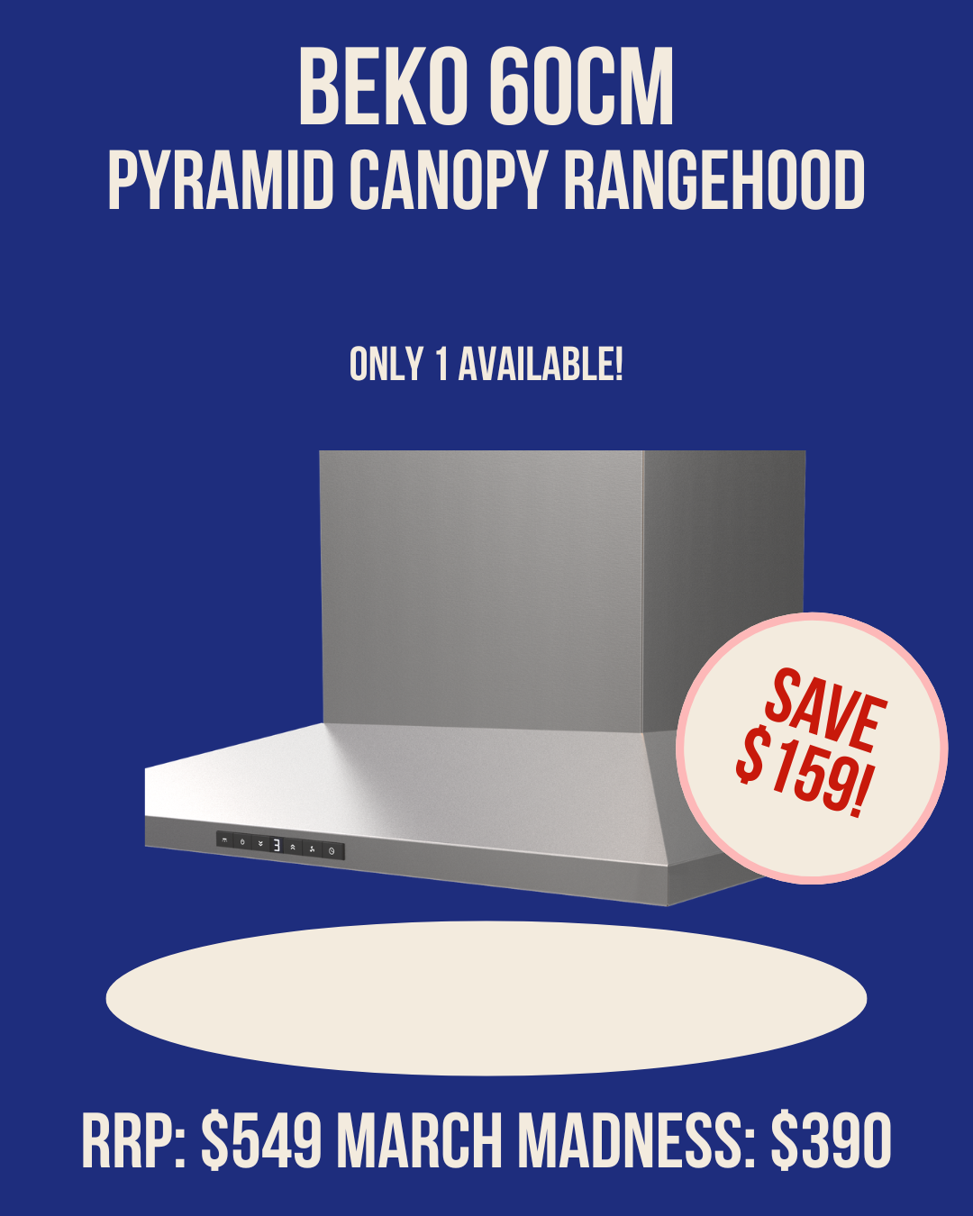 Beko BRH60CX 60cm Pyramid Canopy Rangehood - ex display stock