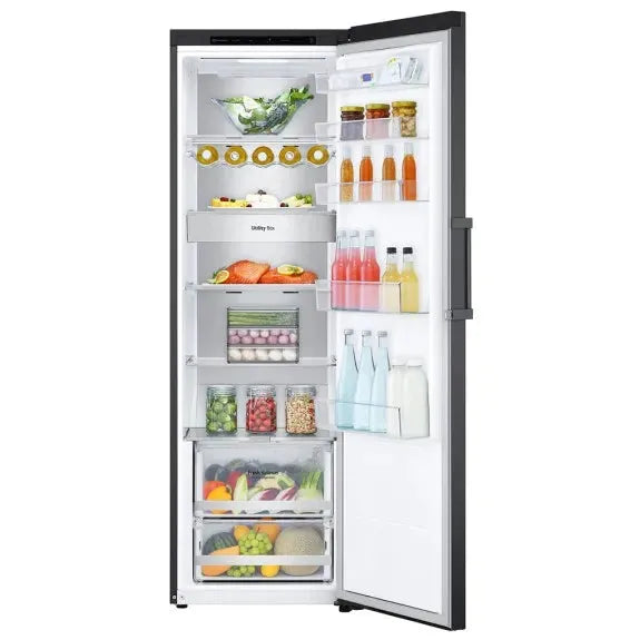Modern black refrigerator with open door, stocked with fresh produce, drinks, and organized shelves for kitchen storage.