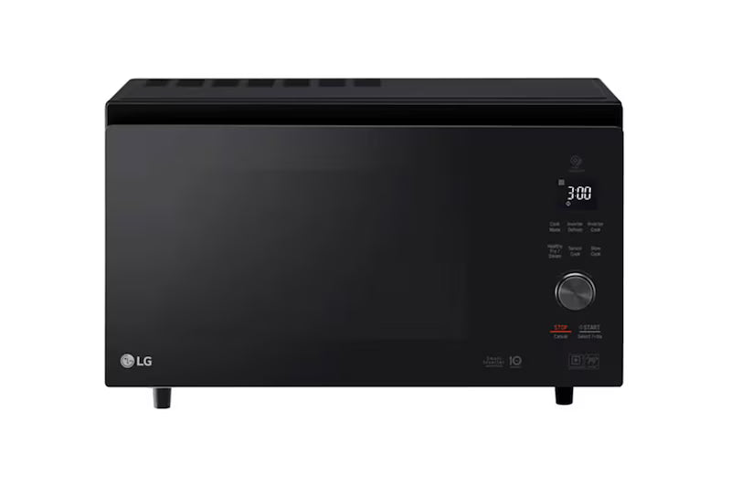 Black LG microwave oven with digital display and control panel, sleek modern kitchen appliance