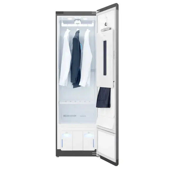 Smart garment care appliance with hanging shirts and illuminated interior for home use
