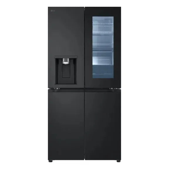 Sleek black French door refrigerator with water dispenser and transparent door panel for modern kitchen design