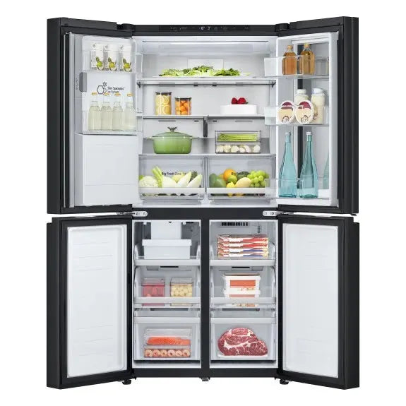 Black French door refrigerator with open doors, showcasing organized fresh produce, meats, and beverages inside.