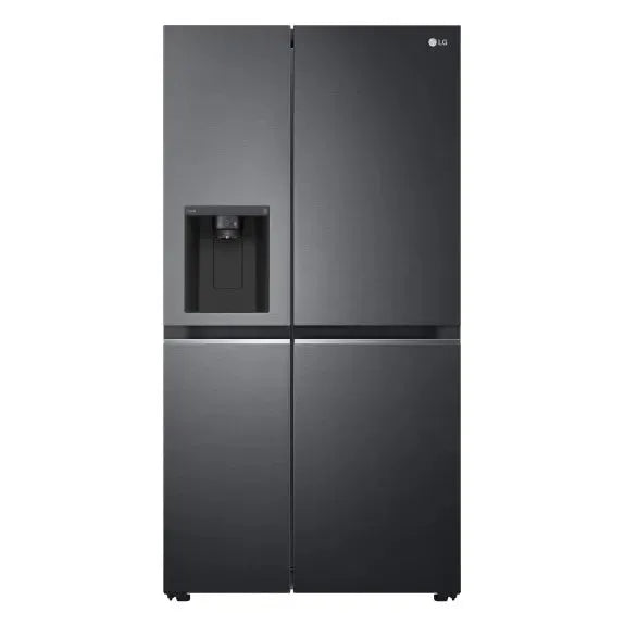 Sleek black LG French door refrigerator with built-in water dispenser, perfect for modern kitchens.